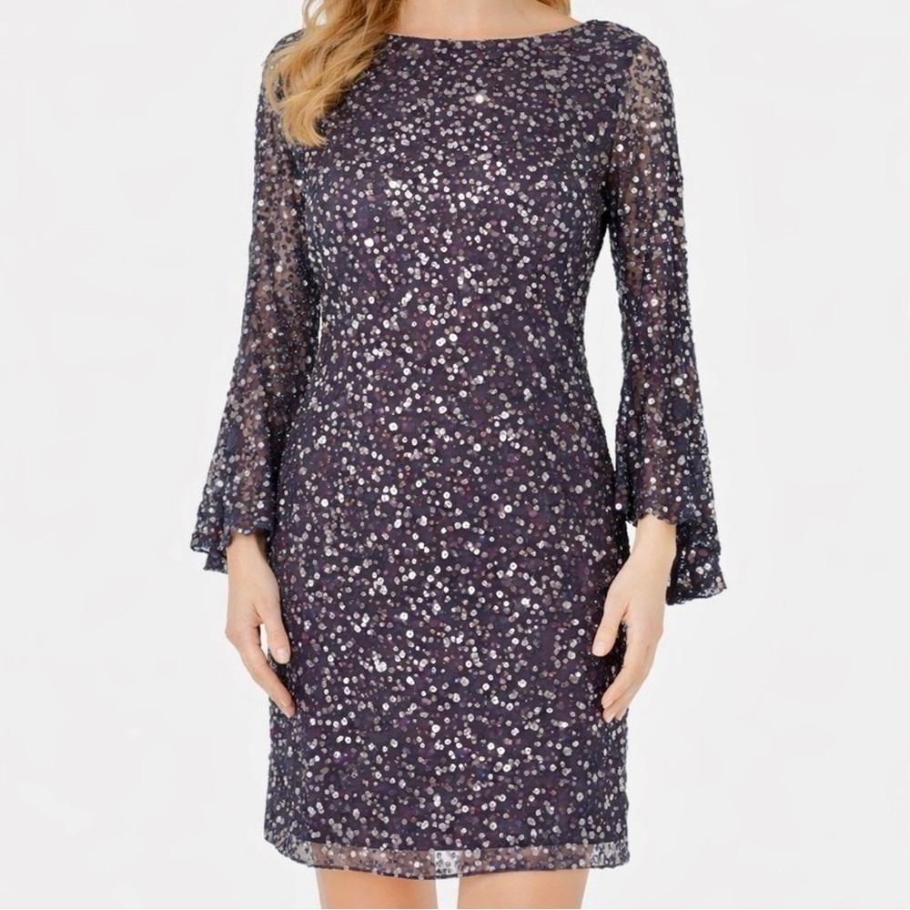 NWT Pisarro Nights ‘Bell Sleeve Sequin Sheath Dress’ in “Eggplant” Purple Sz 2P
